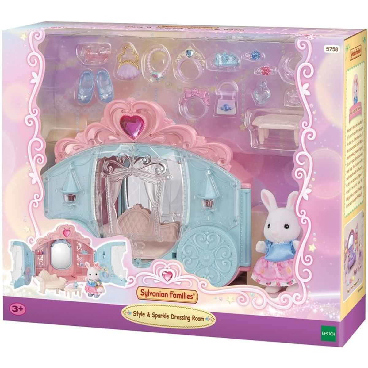 Sylvanian Families Style & Sparkle Ankleidezimmer Set mit Kutsche, Hase und Zubehör in bunter Box.