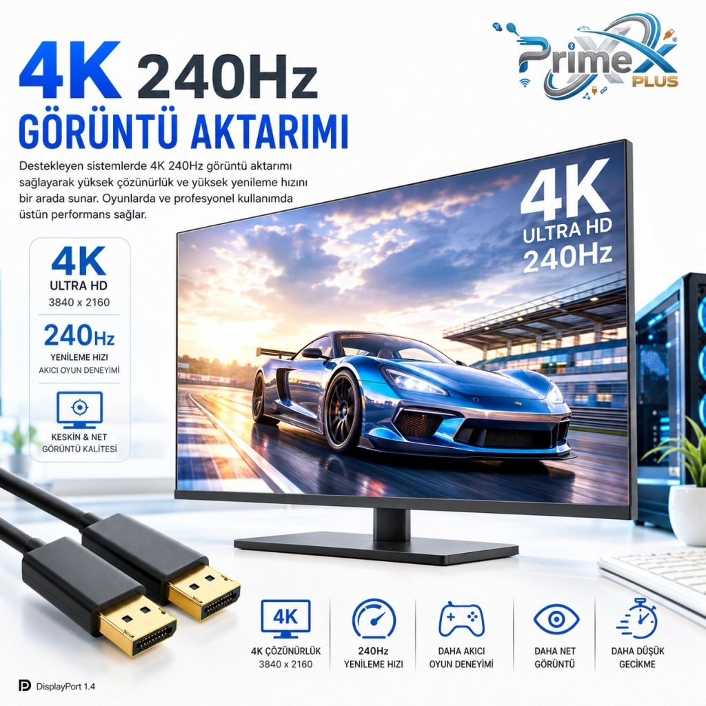 DisplayPort 1.4 kablosu ve mavi spor araba gösteren monitör, 4K 240Hz video aktarımını tanıtır.