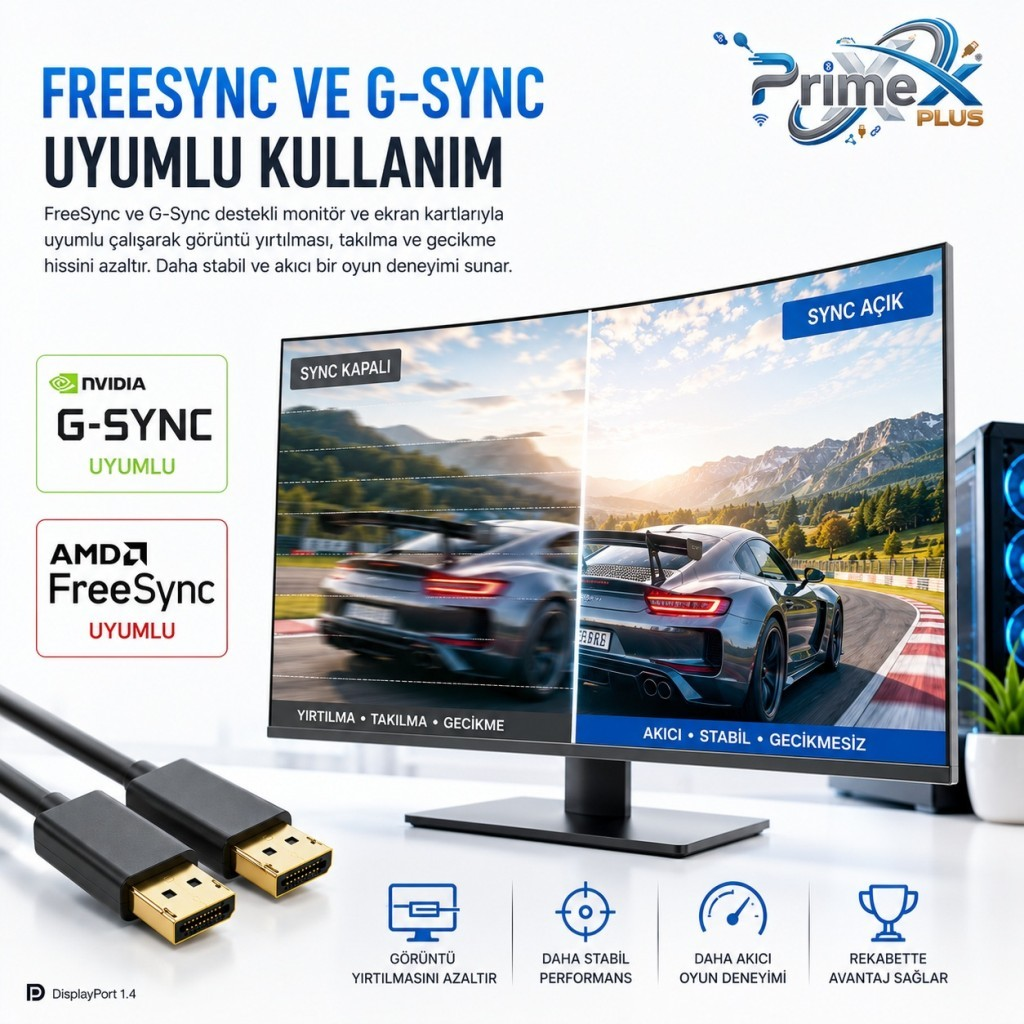 Akıcı oyun deneyimi için FreeSync ve G-Sync açık ve kapalı karşılaştırmasını gösteren monitör.