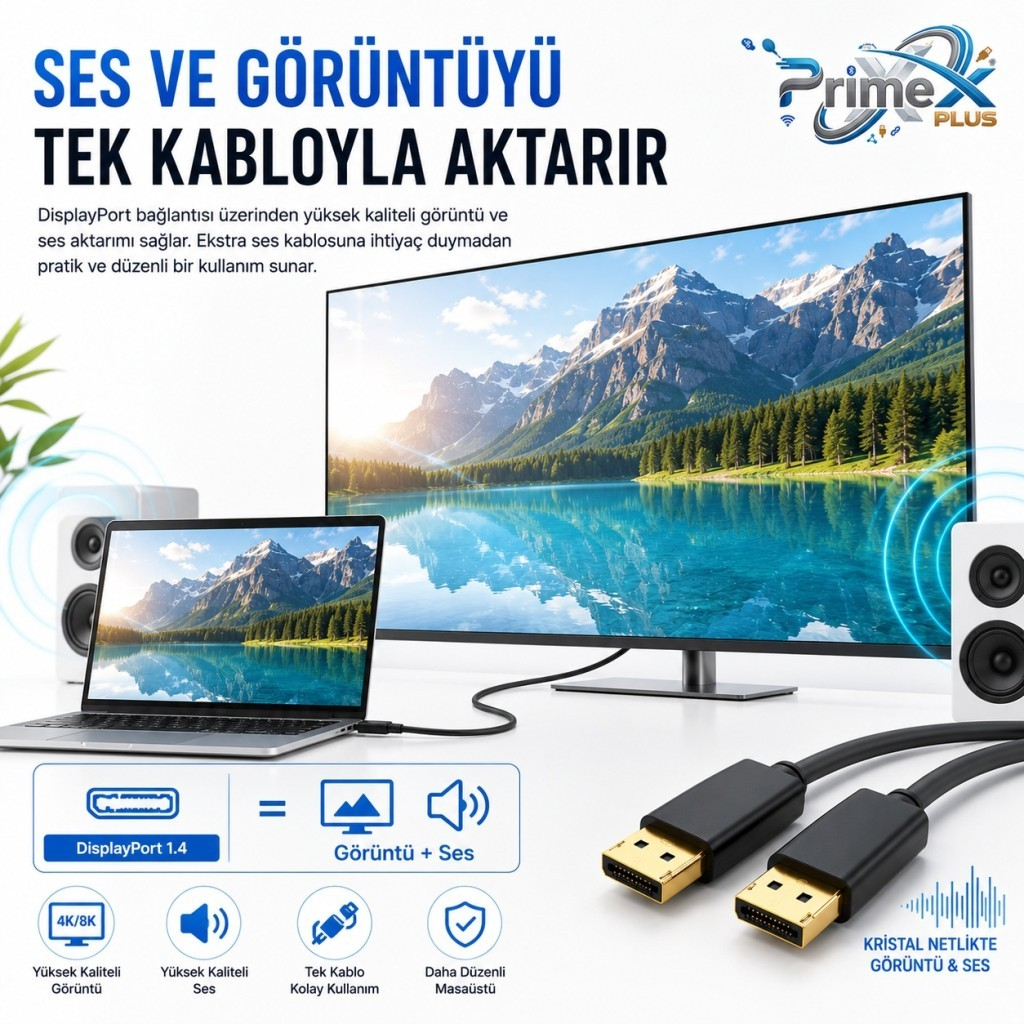 DisplayPort kablosu dizüstü bilgisayarı monitöre bağlar, dağ manzarası ve ses aktarımı gösterir.