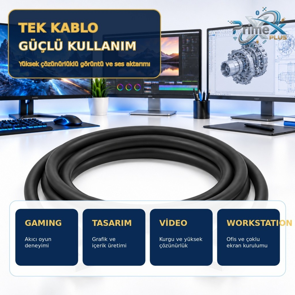 Yüksek çözünürlüklü aktarım için arka planda bilgisayarlar olan masada kıvrılmış siyah kablo.