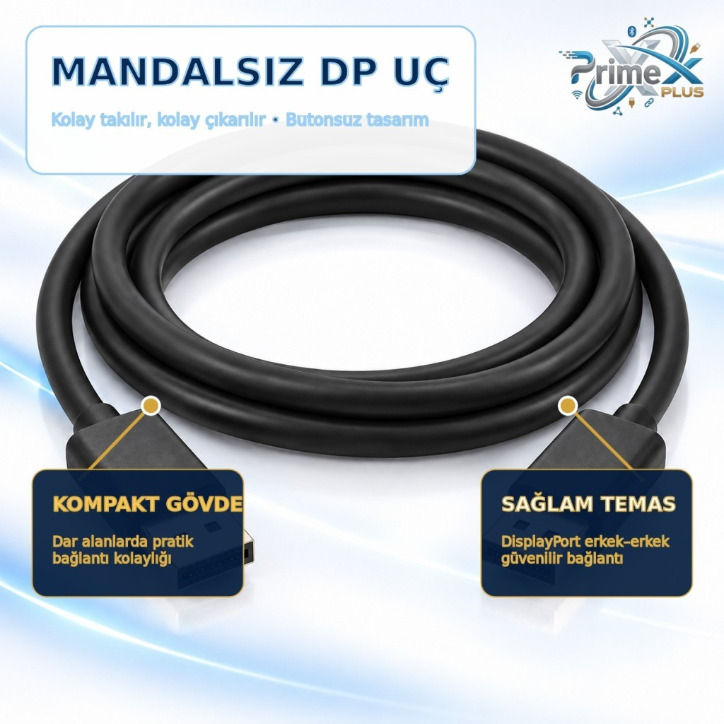 Mavi arka planda mandalsız siyah DisplayPort kablosu ve yazılar.