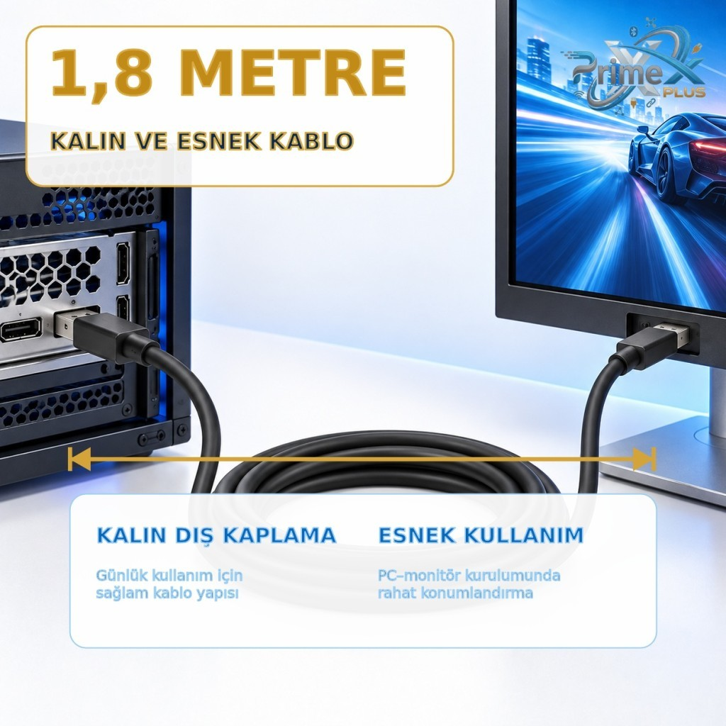 Bilgisayarı monitöre bağlayan 1,8 metre uzunluğunda kalın ve esnek siyah kablo.