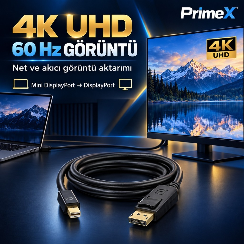 Masa üzerinde kıvrılmış, dizüstü bilgisayarı ve monitörü bağlayan bir Mini DisplayPort - DisplayPort kablosu.