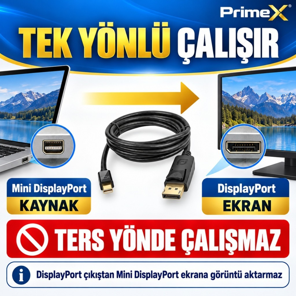 Tek yönlü sinyal aktarımı için PrimeX Mini DisplayPort - DisplayPort kablosu.
