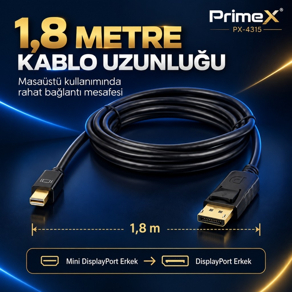 Mavi arka planda altın uçlu PrimeX 1,8m Mini DisplayPort - DisplayPort kablosu.