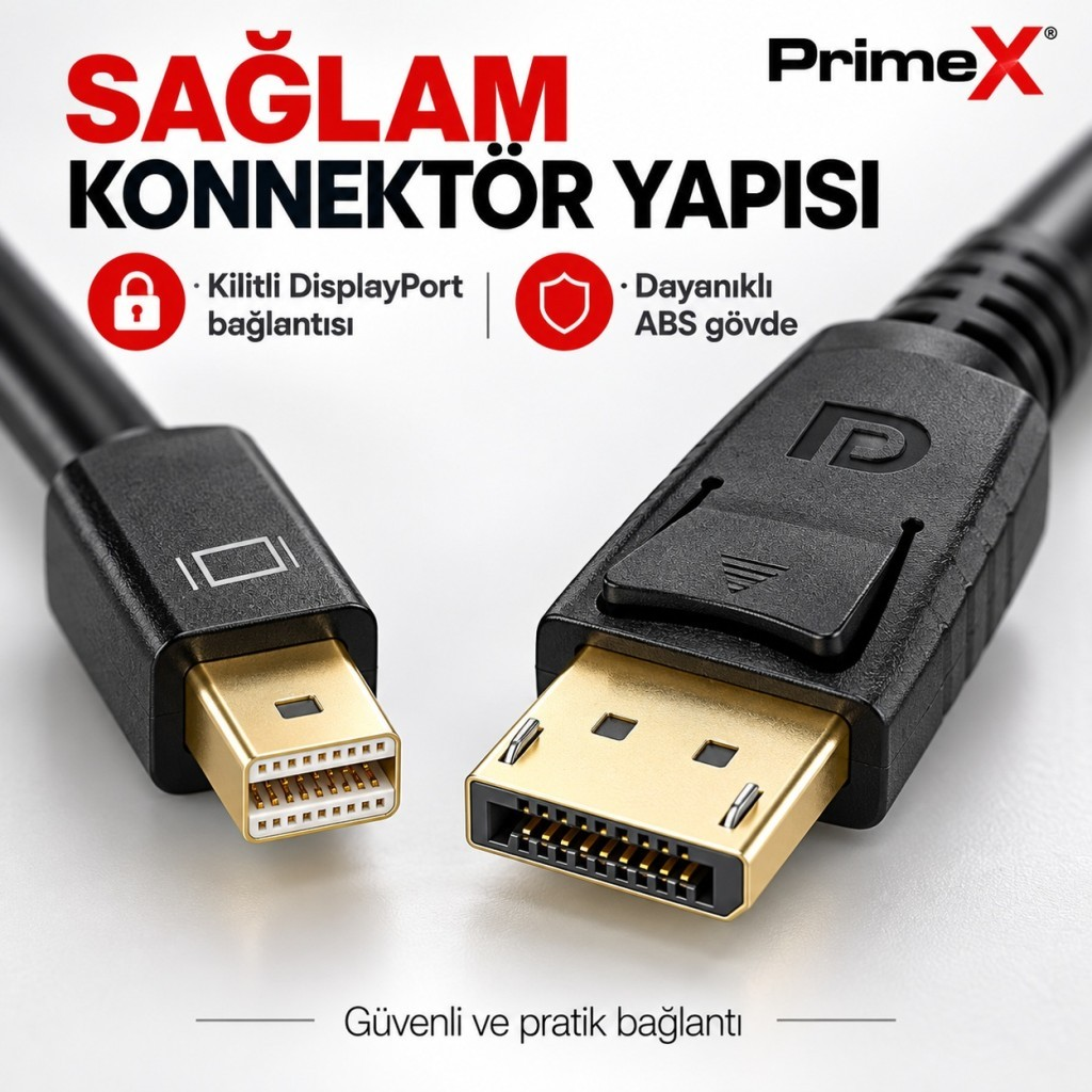Altın kaplama konnektörlü ve dayanıklı siyah ABS gövdeli PrimeX DisplayPort kablosu.