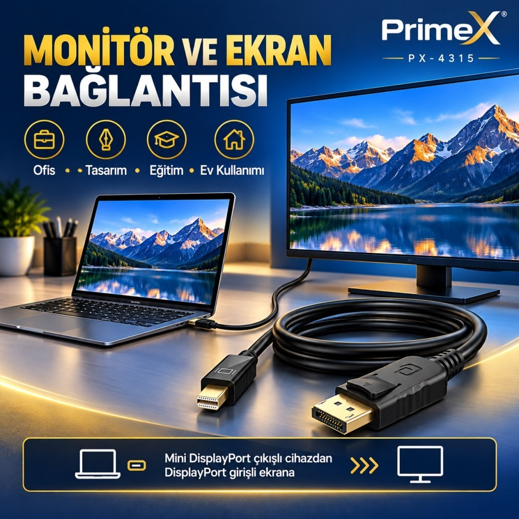 Bir PrimeX Mini DisplayPort - DisplayPort kablosu, masadaki bir dizüstü bilgisayarı monitöre bağlar.