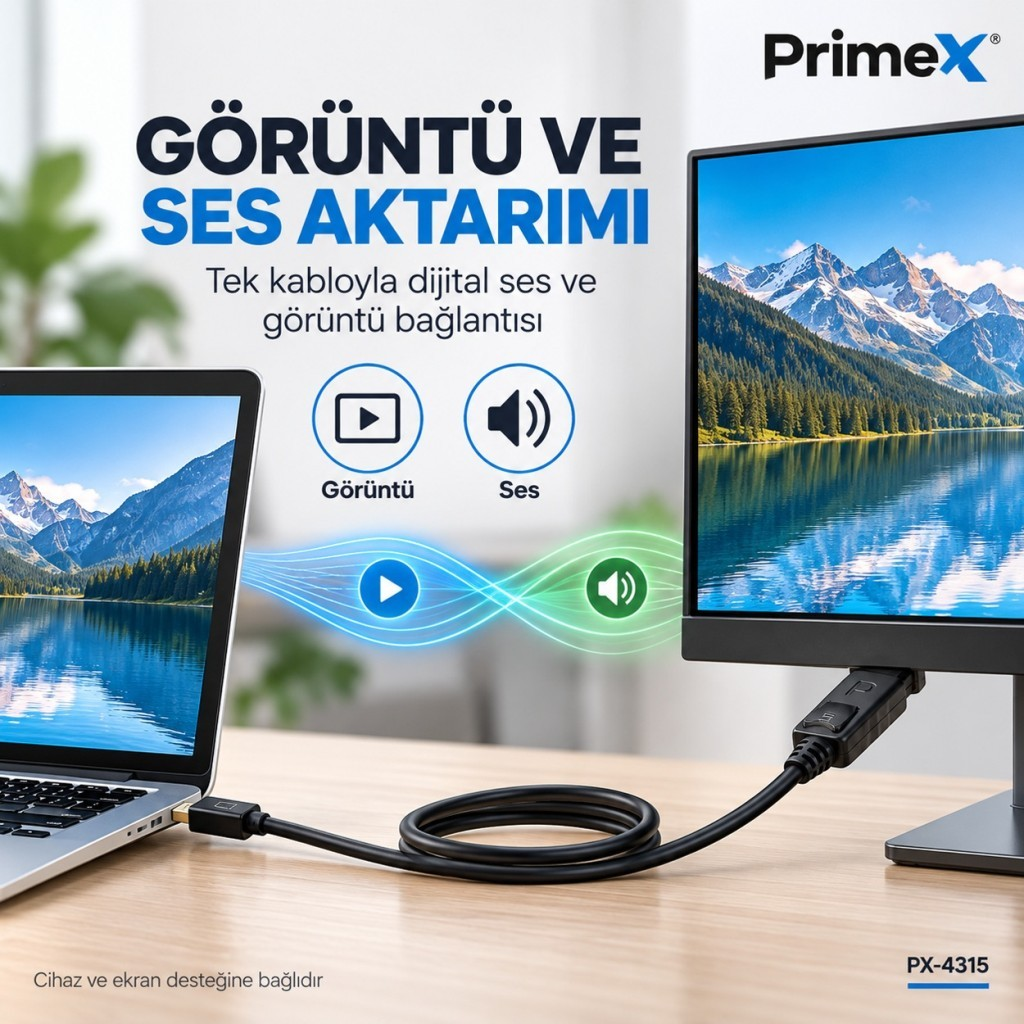 Görüntü ve ses aktarımı için bir dizüstü bilgisayarı monitöre bağlayan siyah kablo.