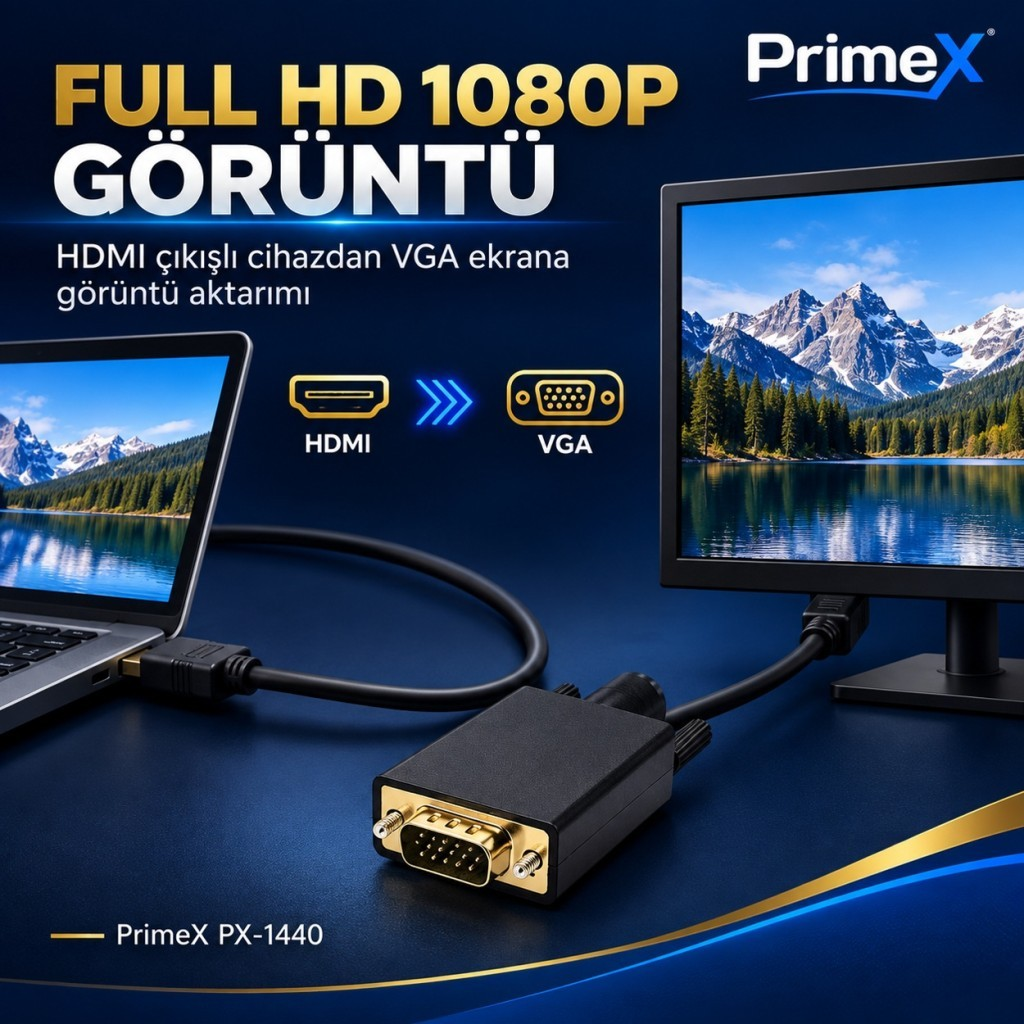 Bir HDMI-VGA adaptörü, dizüstü bilgisayarı dağ manzarası gösteren bir monitöre bağlar.