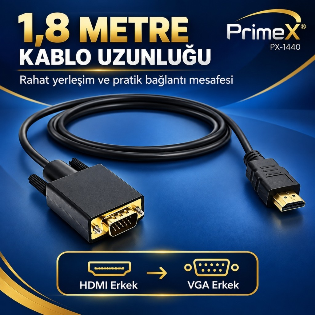 Mavi arka plan üzerinde konektörlü 1,8 metre PrimeX HDMI - VGA kablosu.