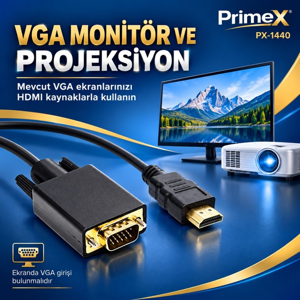 Mavi zemin üzerinde arka planda monitör ve projeksiyon olan VGA - HDMI kablosu.