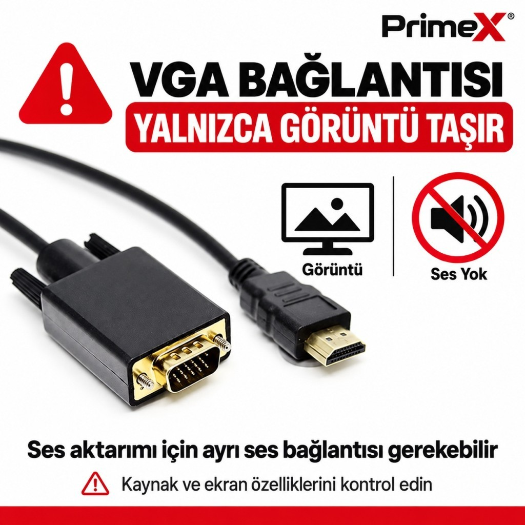 Ses aktarımı olmayan VGA kablosu ve bilgilendirici simgeler.
