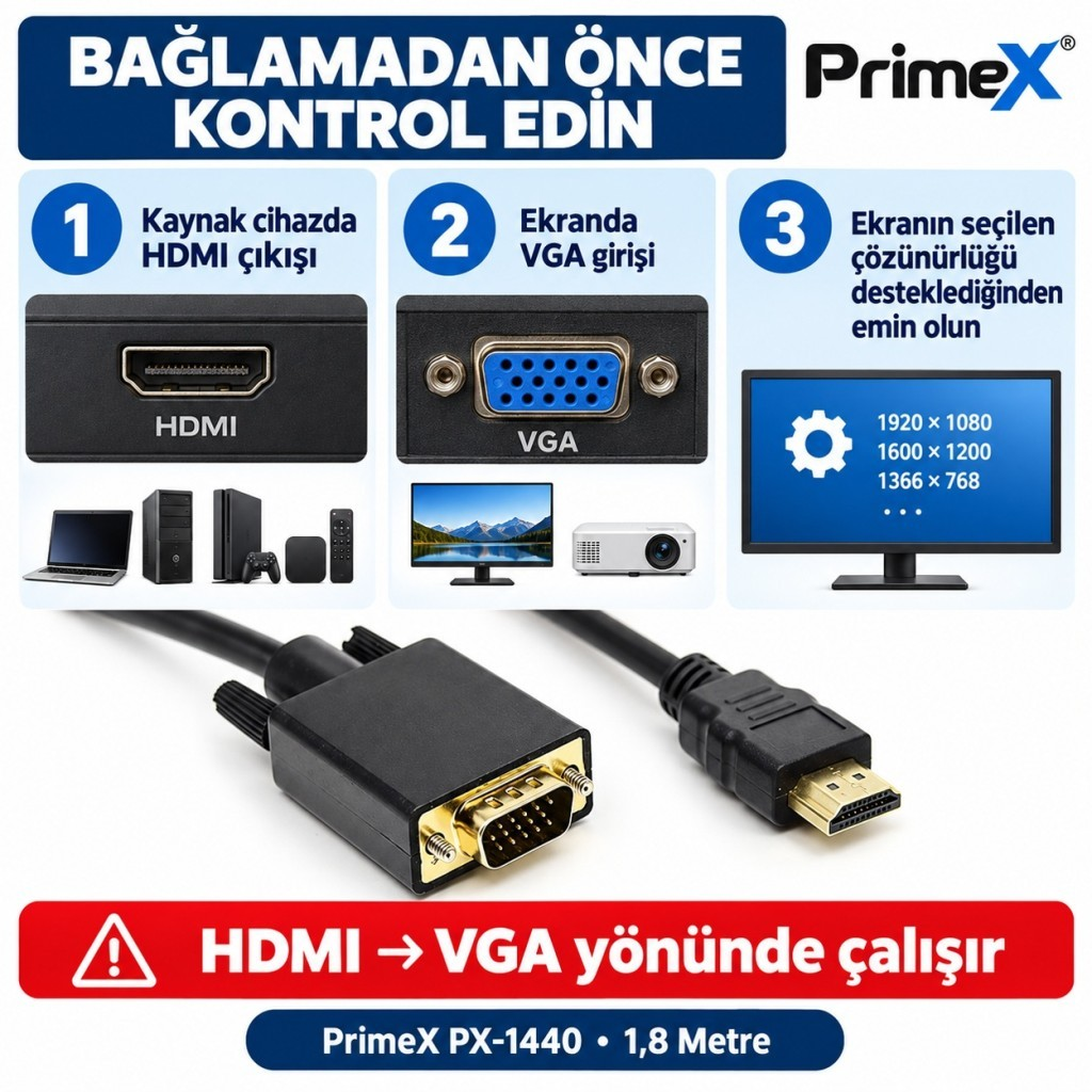 PrimeX HDMI - VGA dönüştürücü, portları, adımları ve gereksinimleri gösterir.