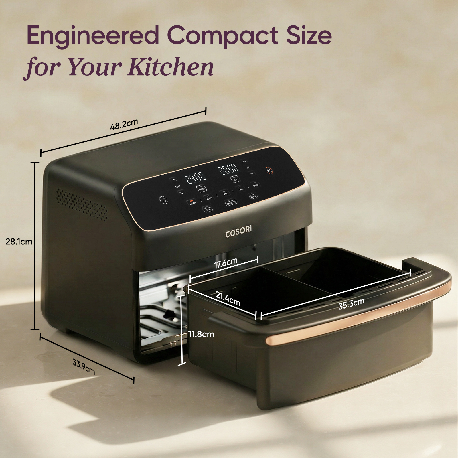 Black Cosori dual air fryer with an open drawer and dimension arrows on a light background.