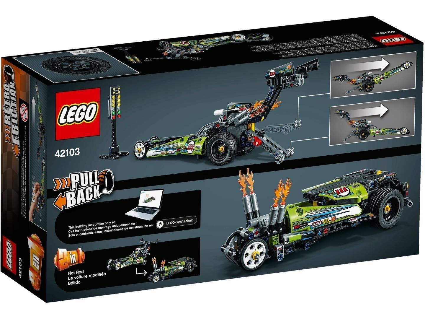Lego Technic 42103 Rückzug-Dragster und Hot Rod Set Box mit gebauten Modellen.