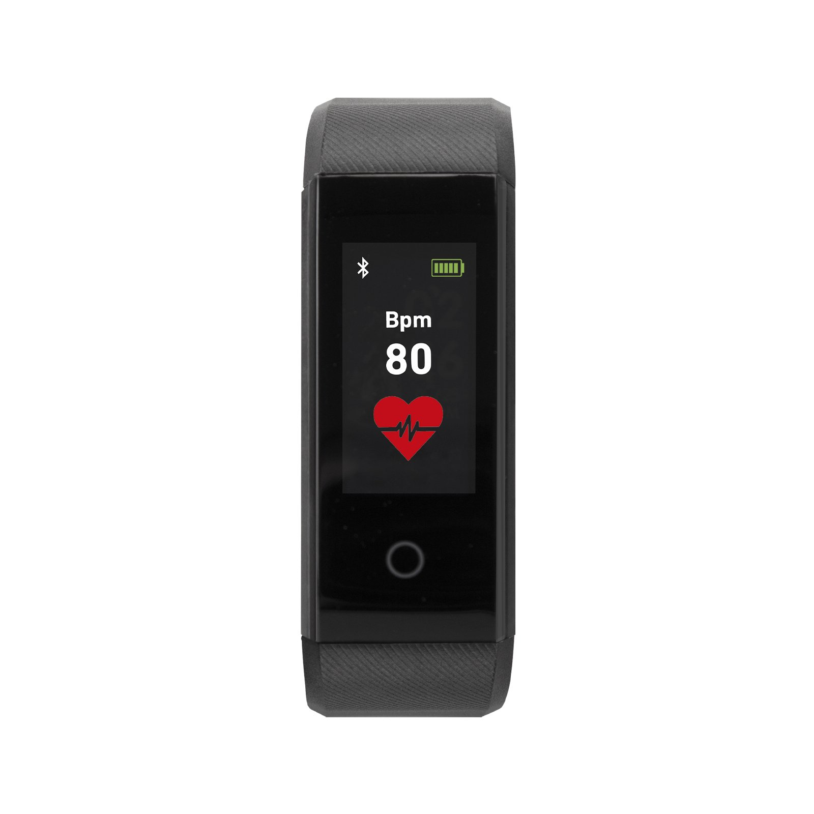 Fitness tracker nero con schermo a colori mostra 80 bpm, icona del cuore e stato della batteria.