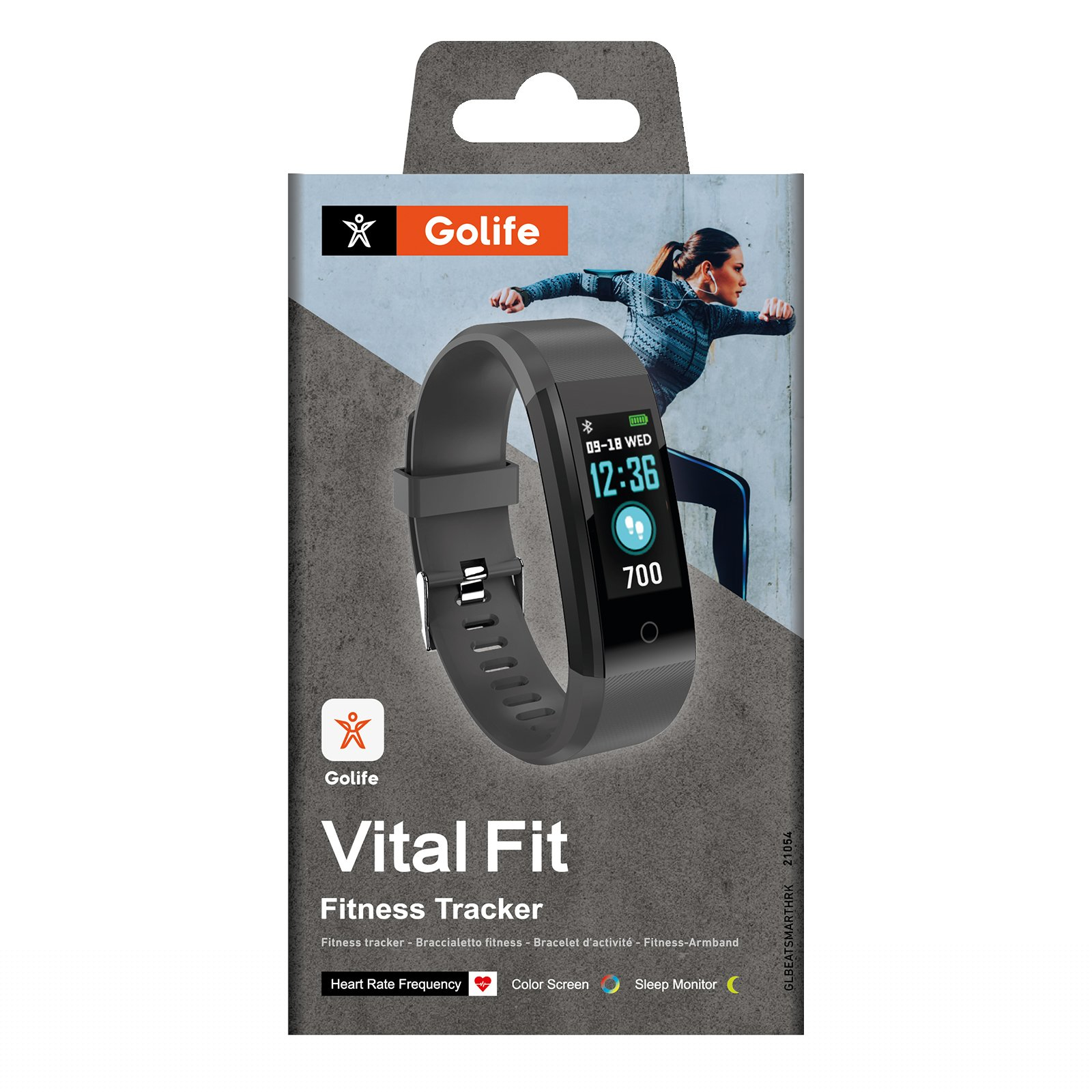 Fitness tracker Golife Vital Fit in confezione grigia con atleta attivo sullo sfondo.