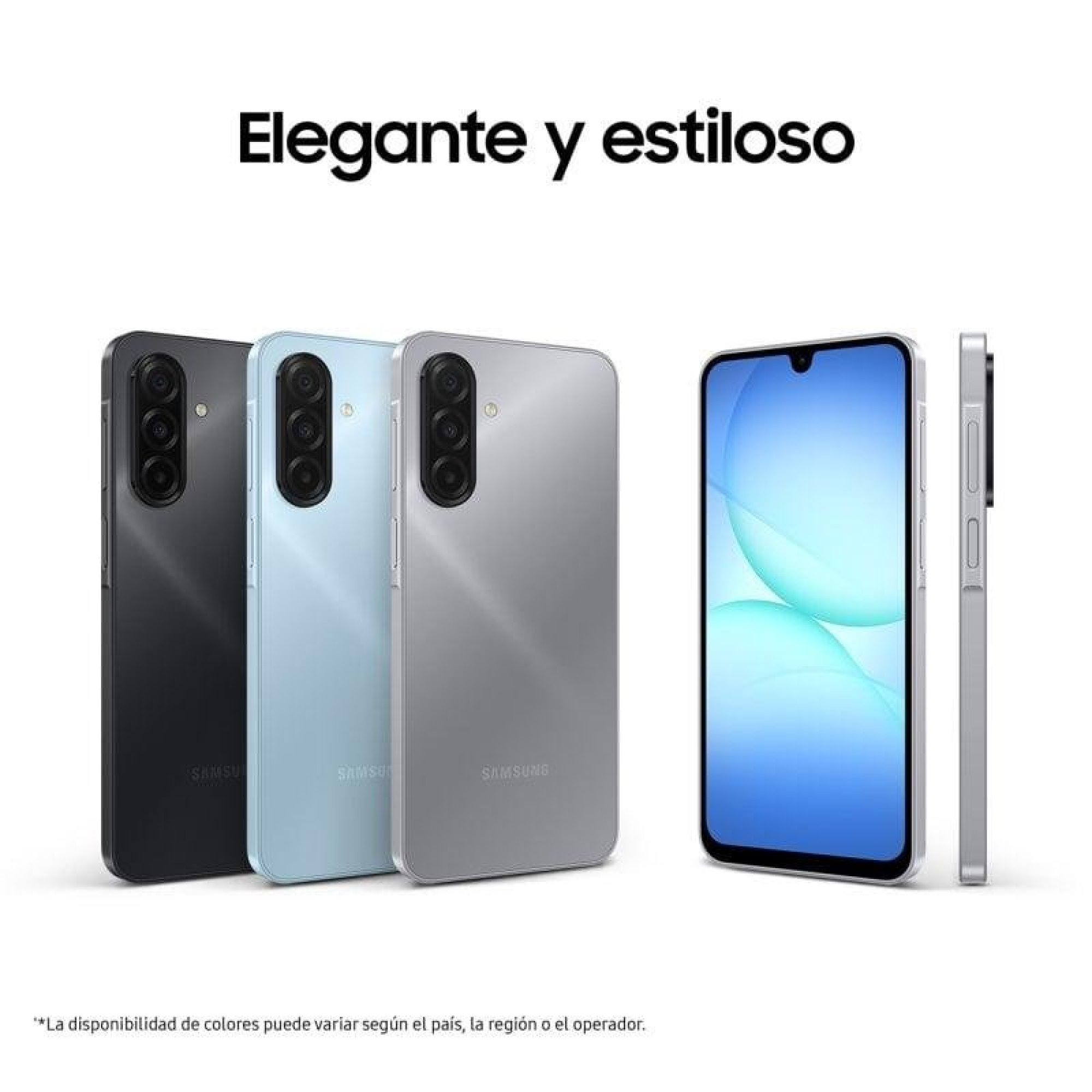 Tre smartphone Samsung in nero, blu e argento, con viste frontali e laterali.
