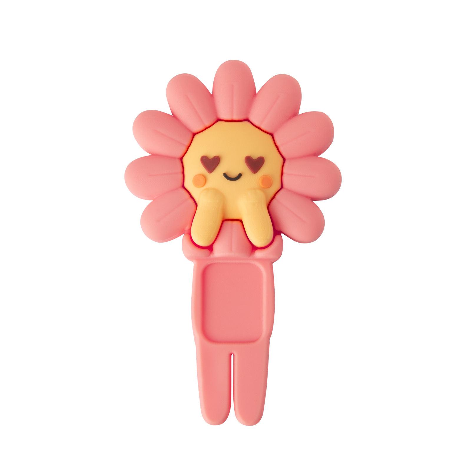 Flor rosa con cara amarilla, ojos de corazón y un mango rosa alargado.