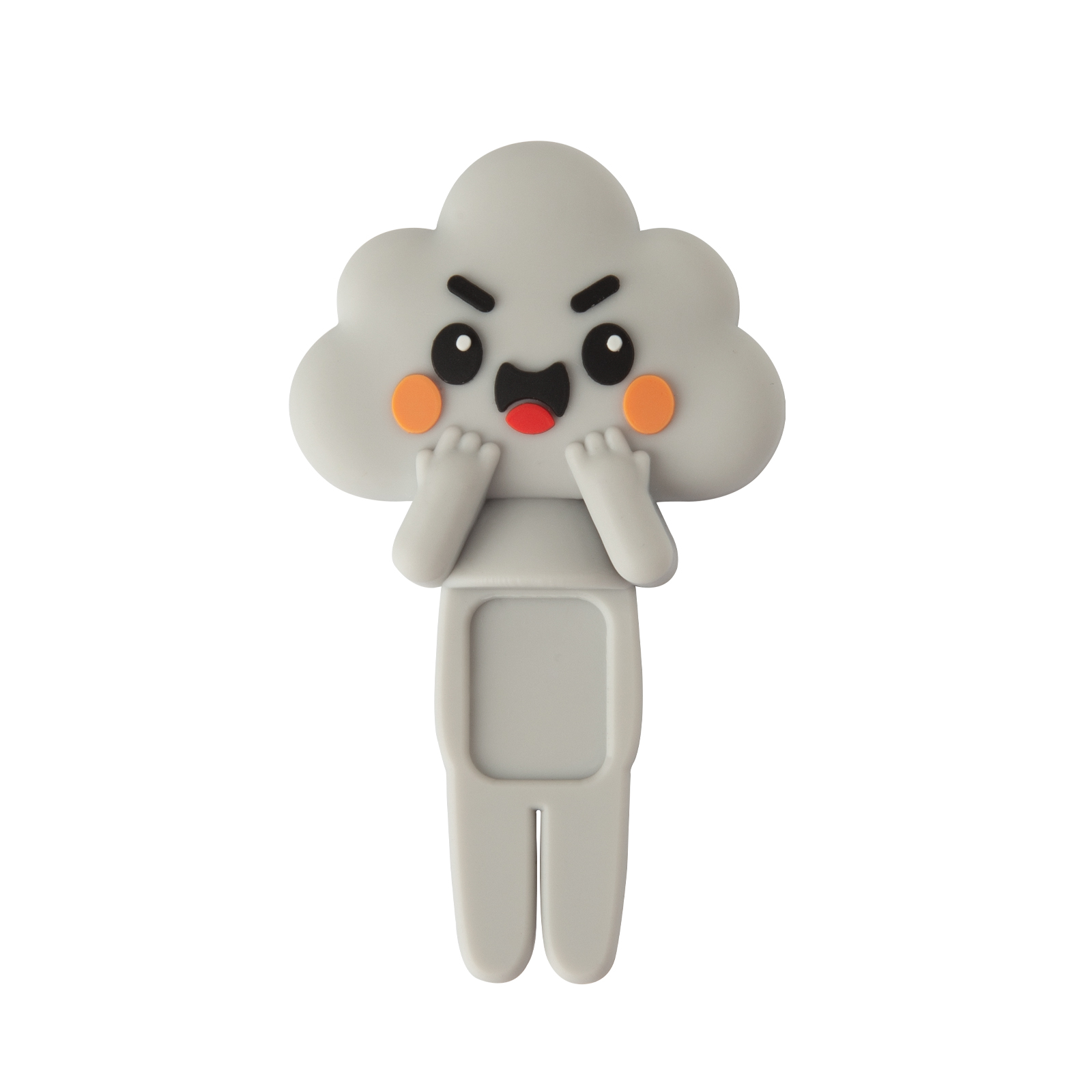 Un personaje gris con forma de nube, cara de sorpresa, mejillas anaranjadas y manos pequeñas en la cara.
