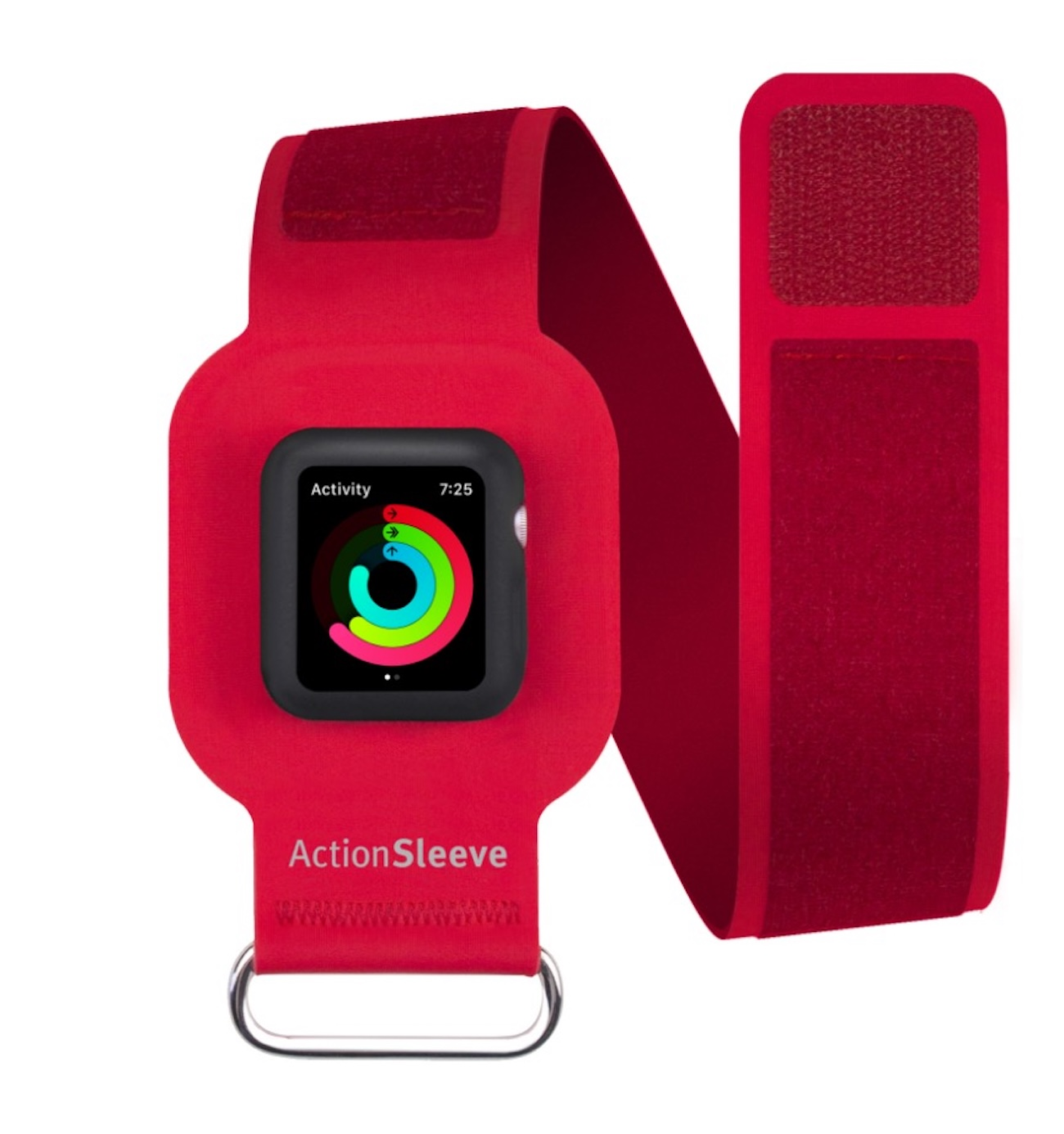 Un bracelet rouge ActionSleeve avec une Apple Watch affichant l'activité sur fond blanc.