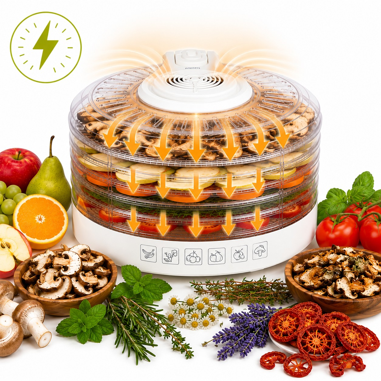 Un deshidratador blanco con bandejas seca setas, frutas y verduras, rodeado de ingredientes frescos.
