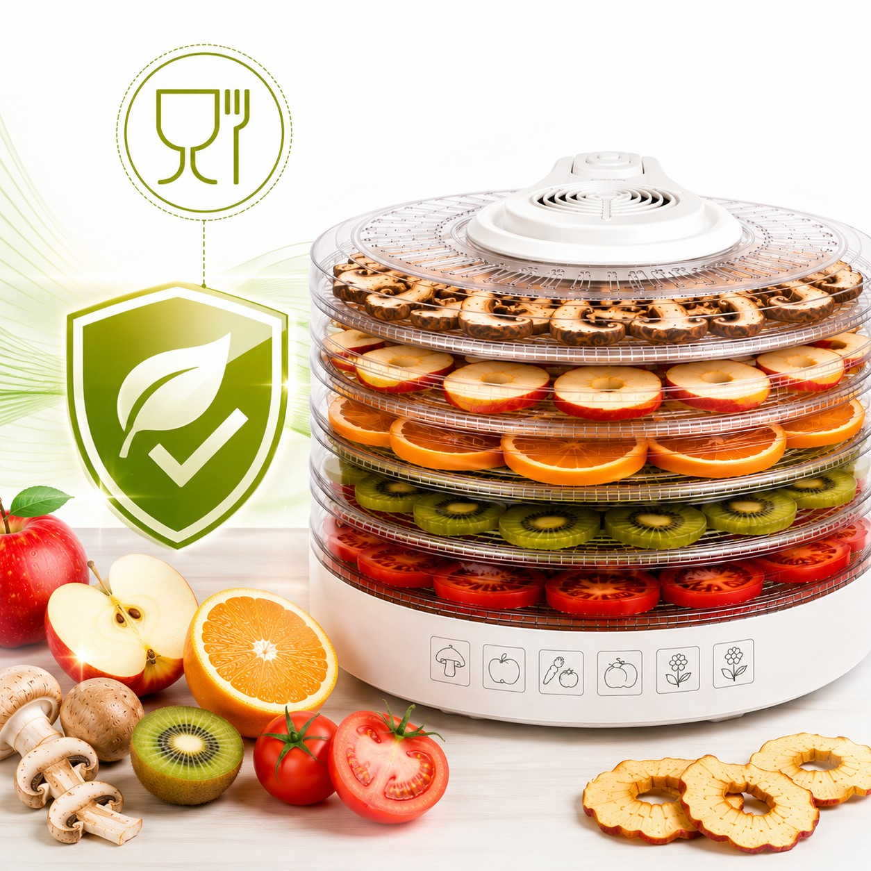 Un deshidratador de alimentos con setas, manzanas, naranjas, kiwis y tomates en rodajas, junto con productos frescos.