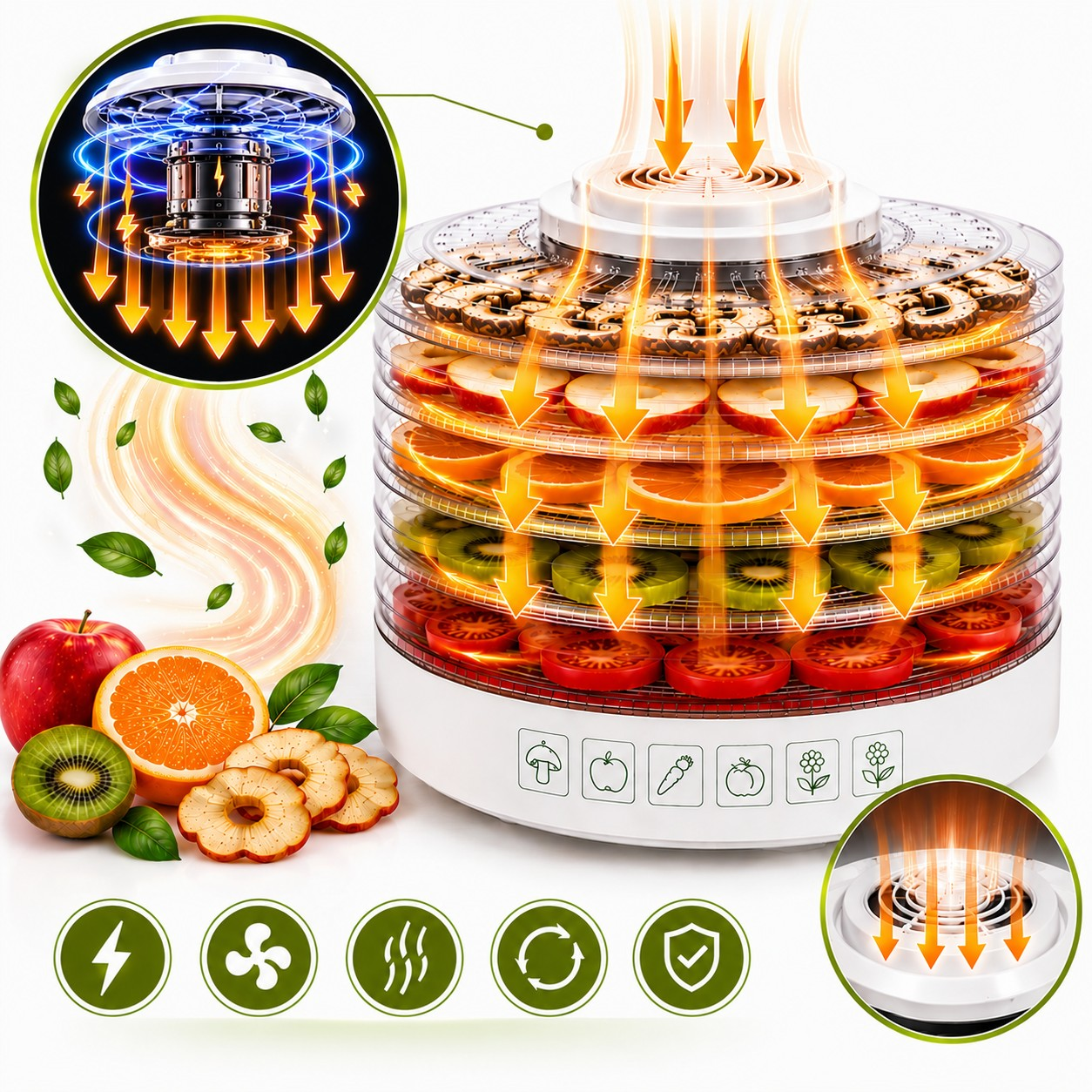 Deshidratador de alimentos de varios niveles secando frutas y verduras con flechas que muestran la circulación de aire caliente.