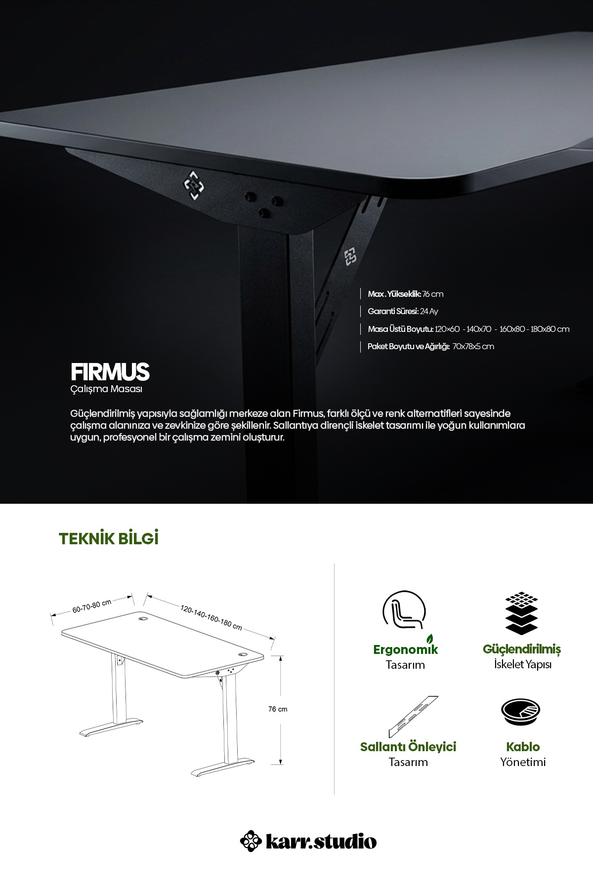 Kablo yönetimli ergonomik Firmus çalışma masasının teknik detayları ve şeması.