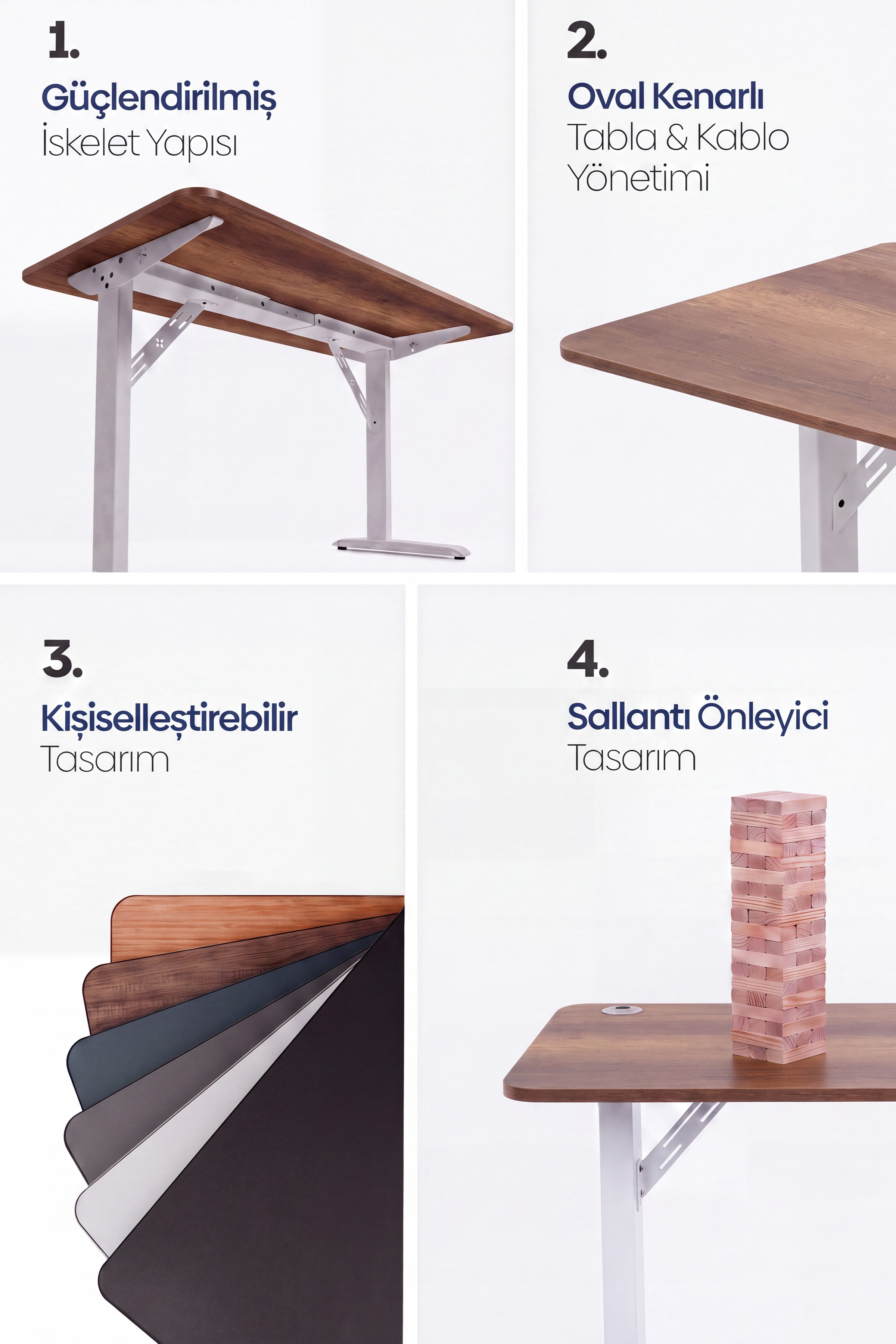 Masa özelliklerini gösteren dört panel: güçlendirilmiş iskelet, oval kenarlar, renk seçenekleri ve sallantı önleyici.