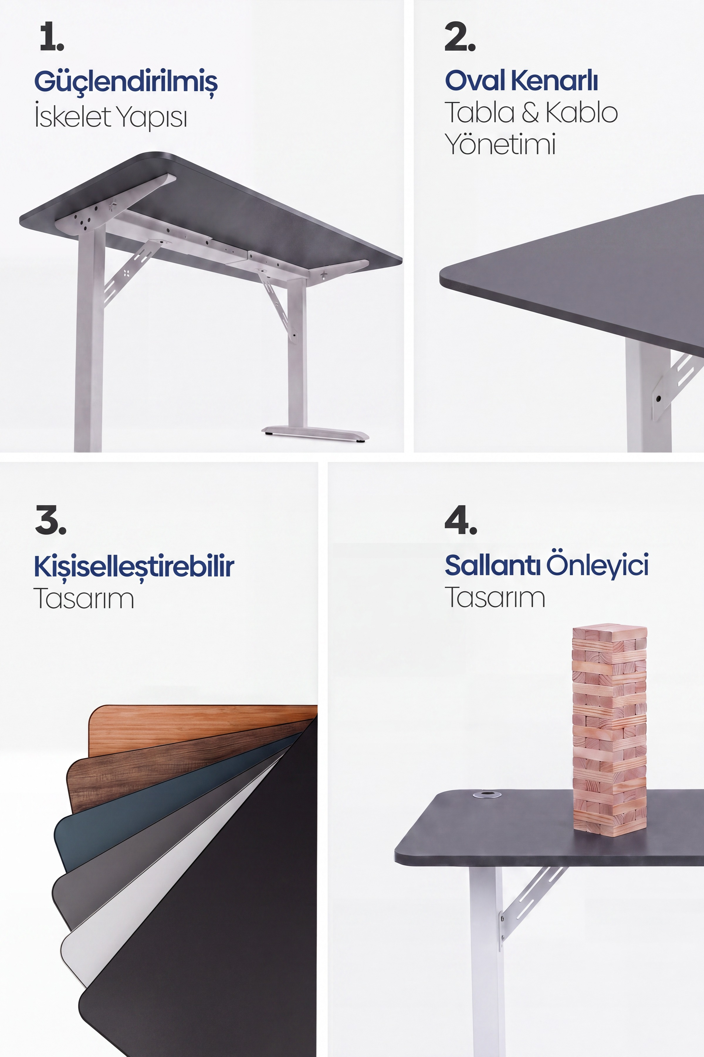 Dört panel masa özelliklerini gösterir: iskelet, oval kenar, renk seçenekleri ve ahşap kule.