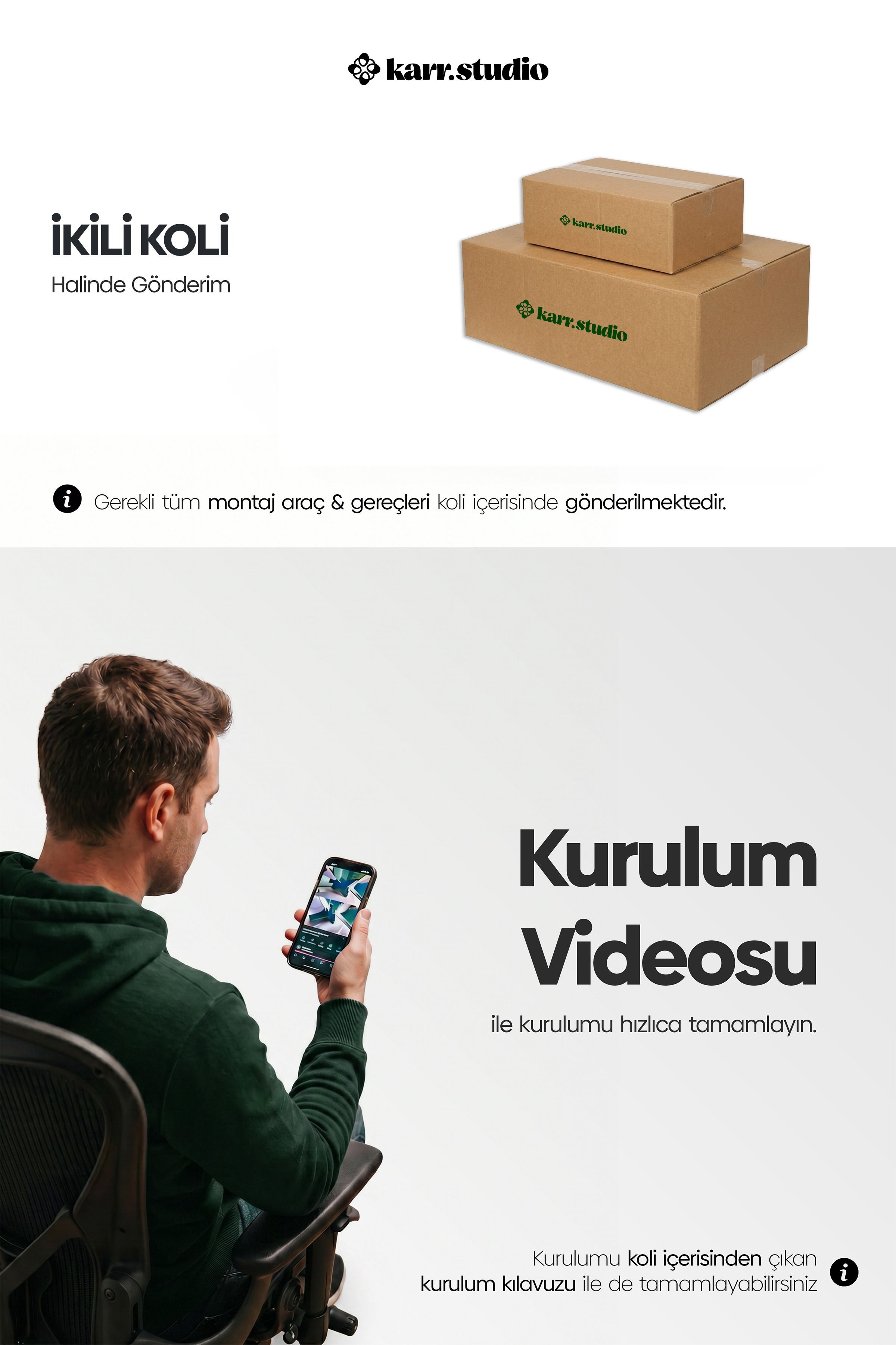 Yeşil kapüşonlu bir adam sandalyede oturmuş, üst üste duran iki kolinin yanında telefonundan kurulum videosu izliyor.