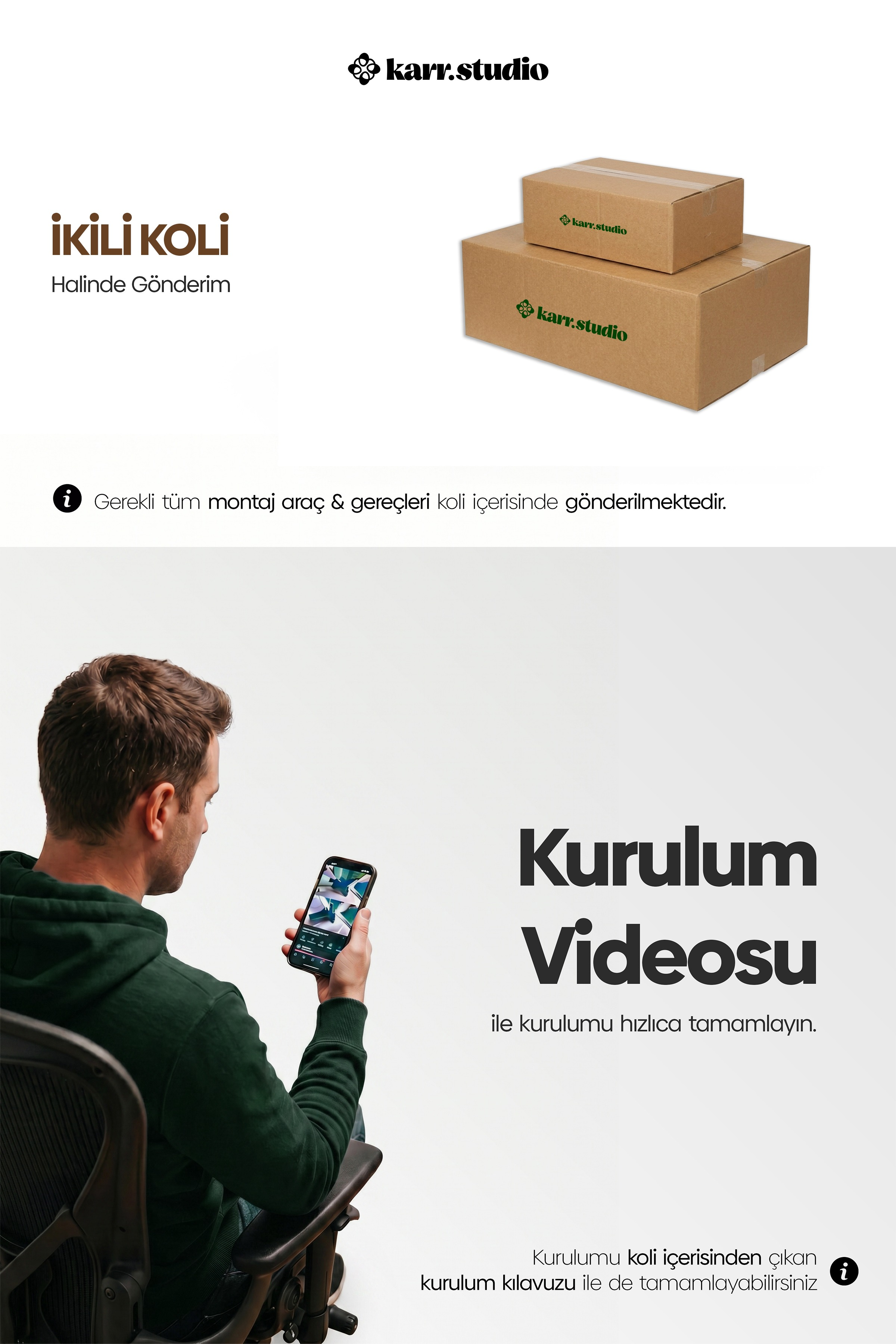 Bir sandalyede oturan adam videolu telefona bakıyor, arkada iki karton kutu var.