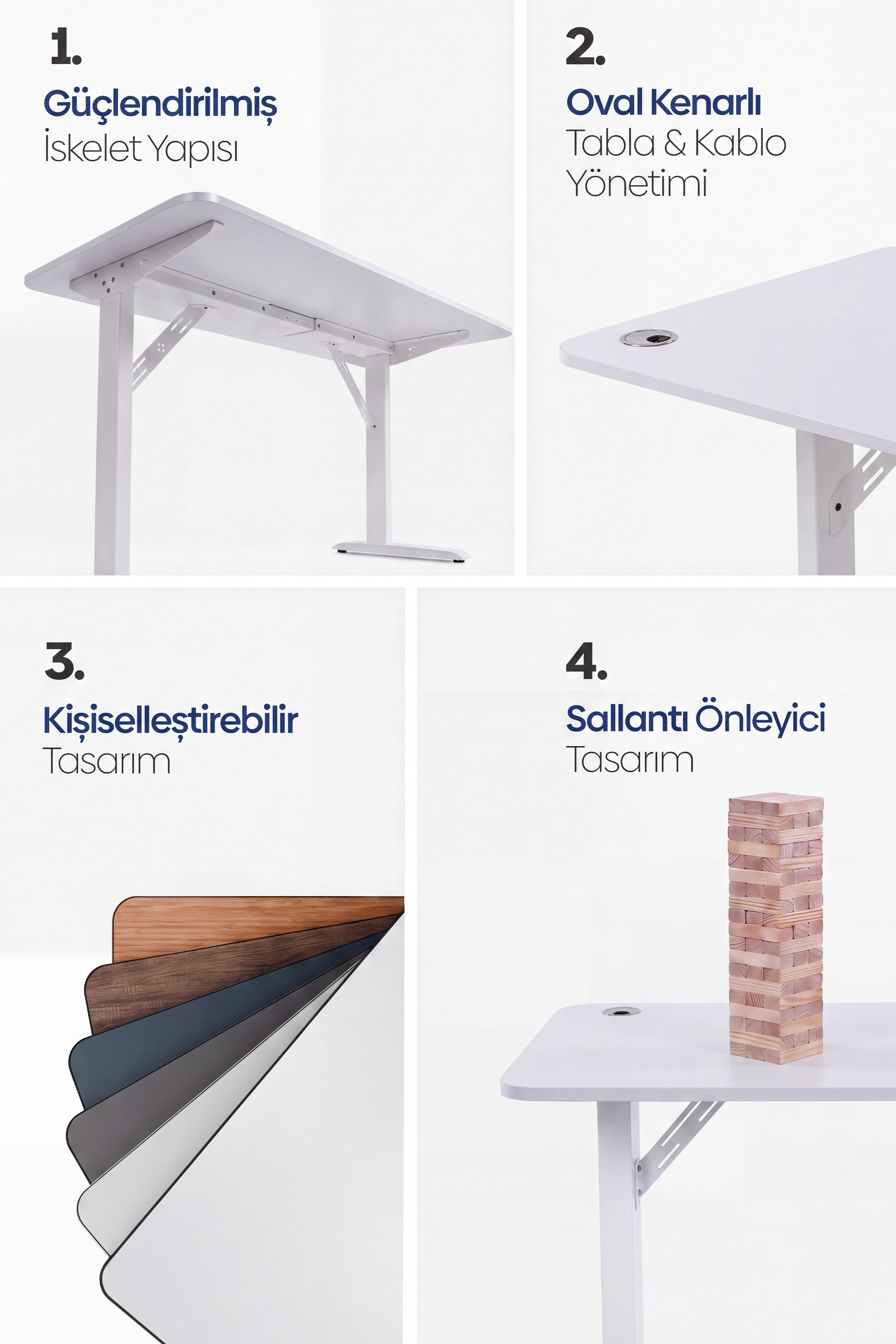 Dört görsel, güçlü iskelet, kablo yönetimi ve renk seçeneklerine sahip beyaz bir çalışma masasının özelliklerini gösterir.