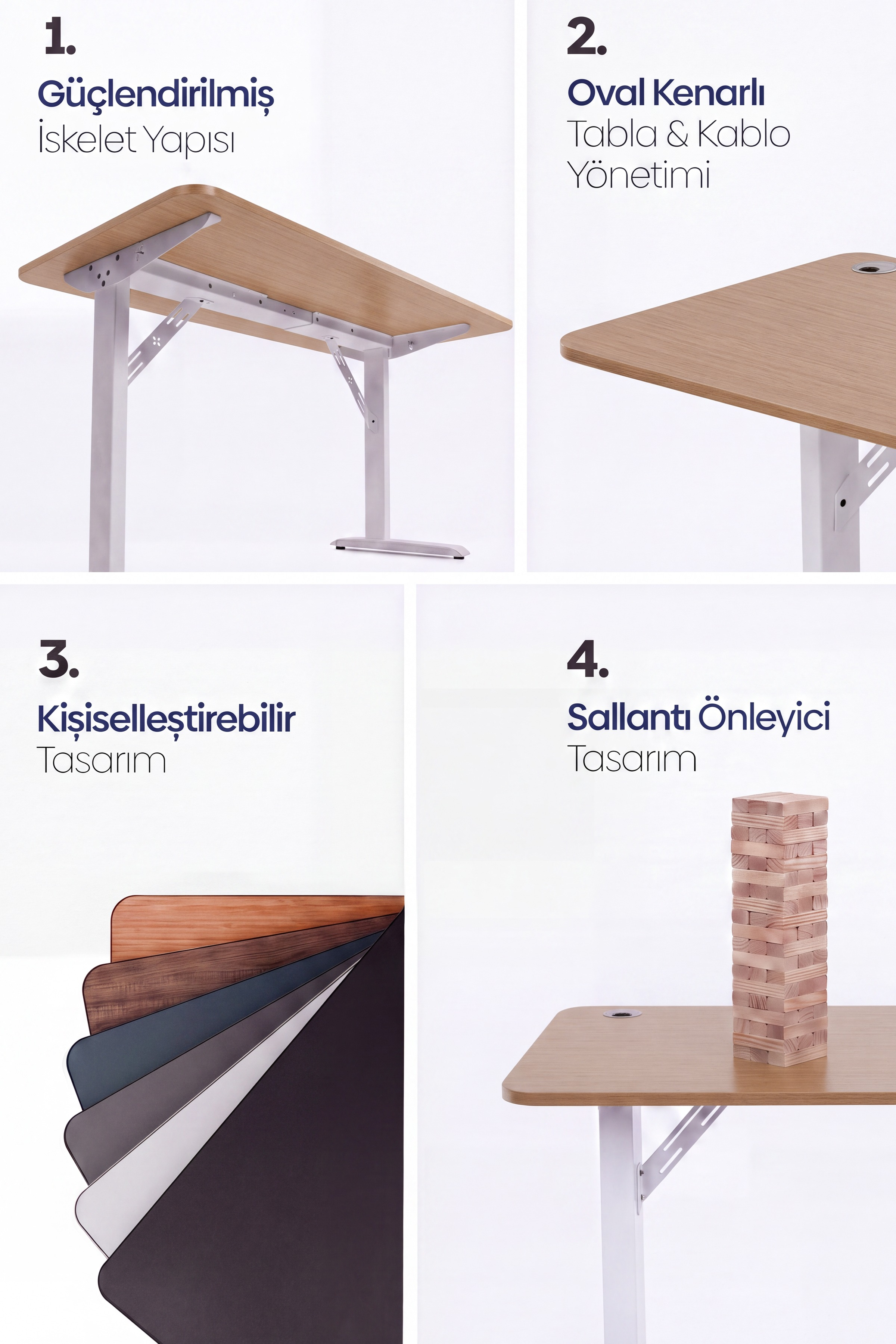 Dört panel, masa özelliklerini gösterir: güçlendirilmiş iskelet, oval kenarlar, renkler ve denge.