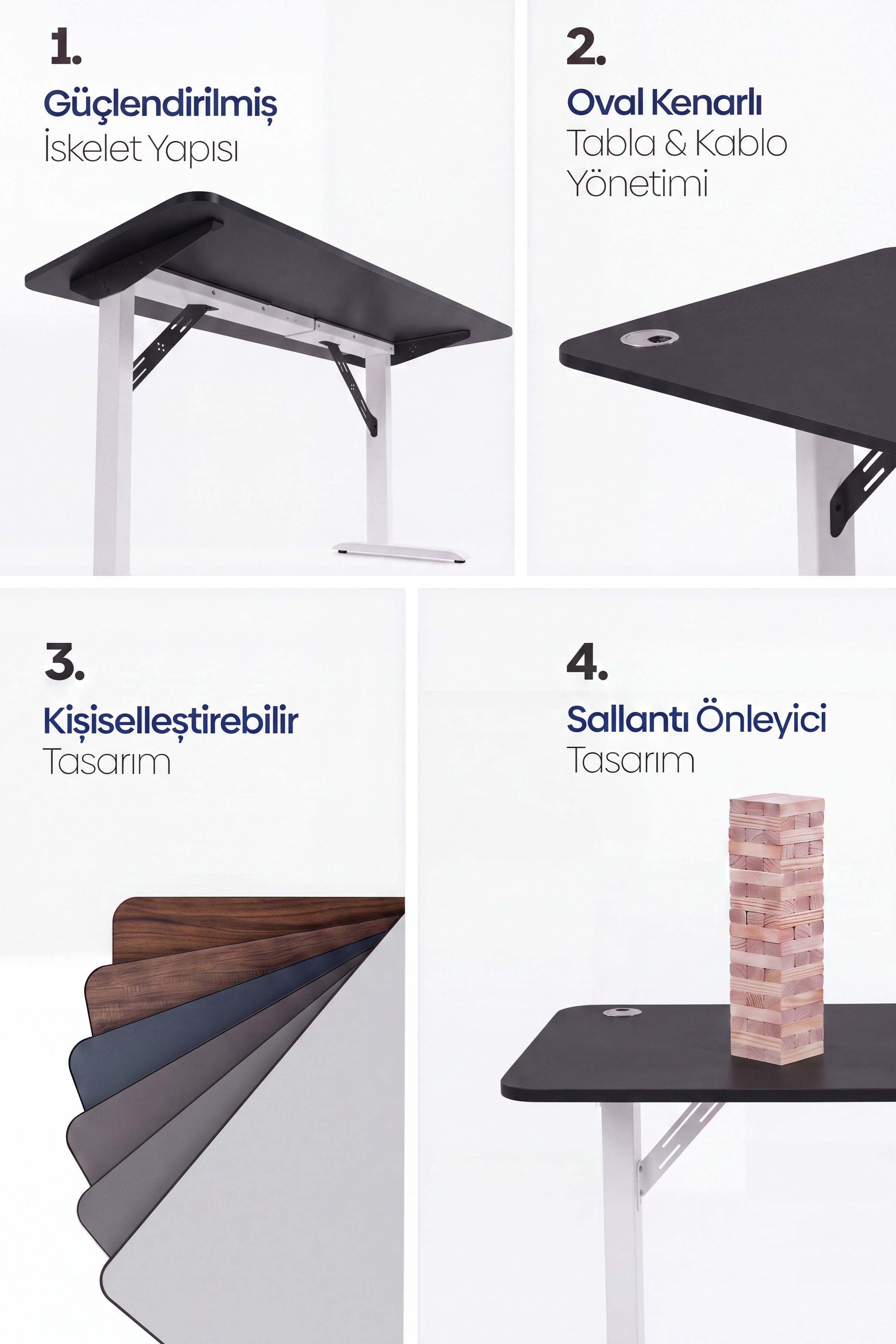 Dört panel ayarlanabilir masanın iskelet, kablo yönetimi, renk seçenekleri ve sallantı önleyici özelliklerini gösterir.