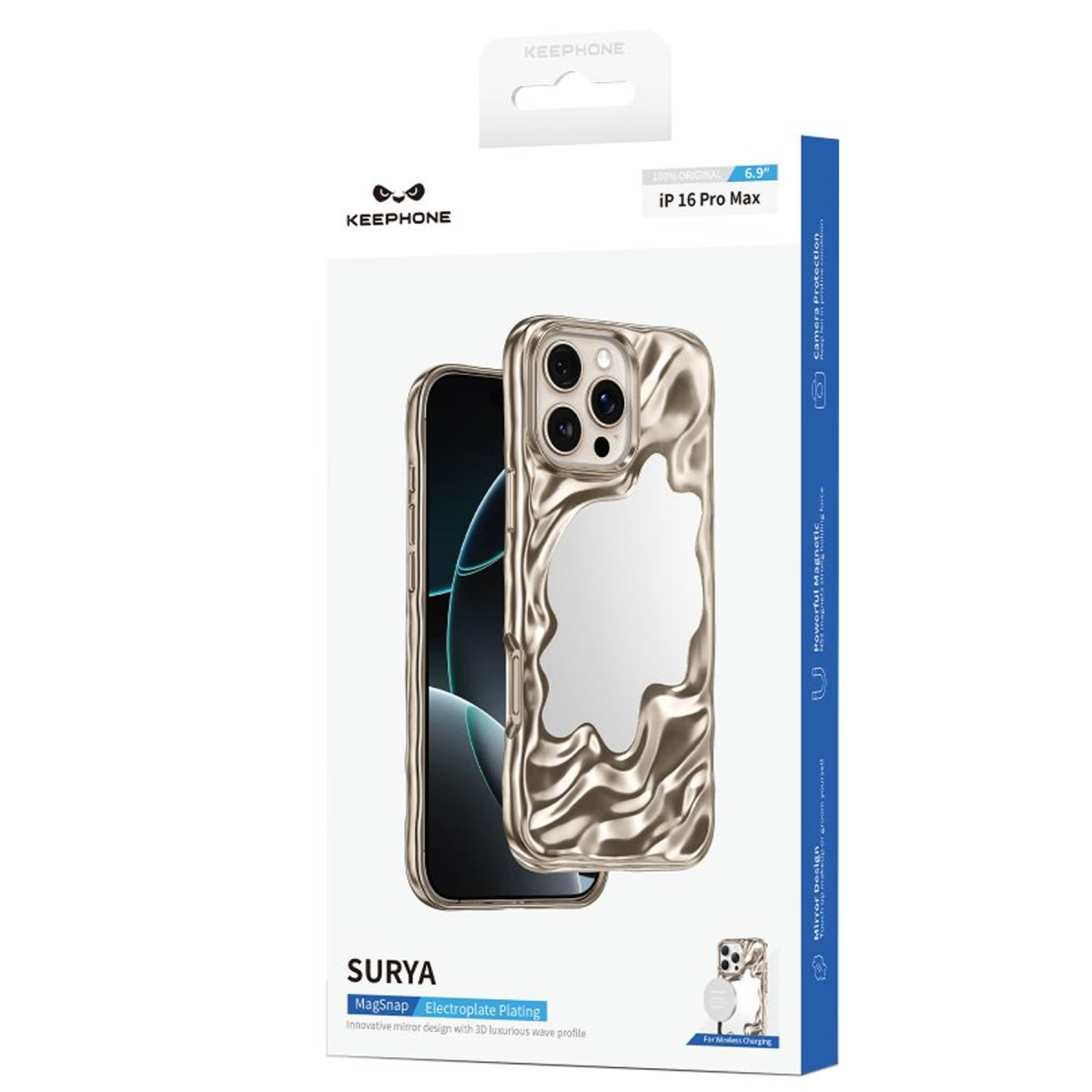 Keephone'dan altın renkli dalgalı aynalı iPhone 16 Pro Max kılıfı için ambalaj.