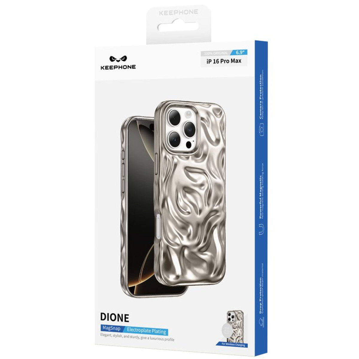 Gümüş kaplama, dalgalı dokulu iPhone 16 Pro Max kılıfı ambalajında.