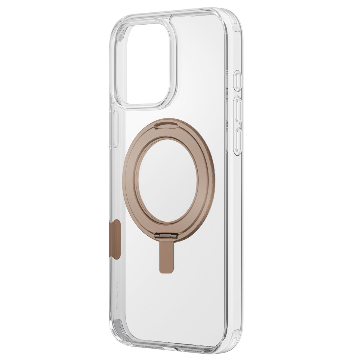 Beyaz arka plan üzerinde entegre pembe altın rengi MagSafe halkası ve standı bulunan şeffaf telefon kılıfı.