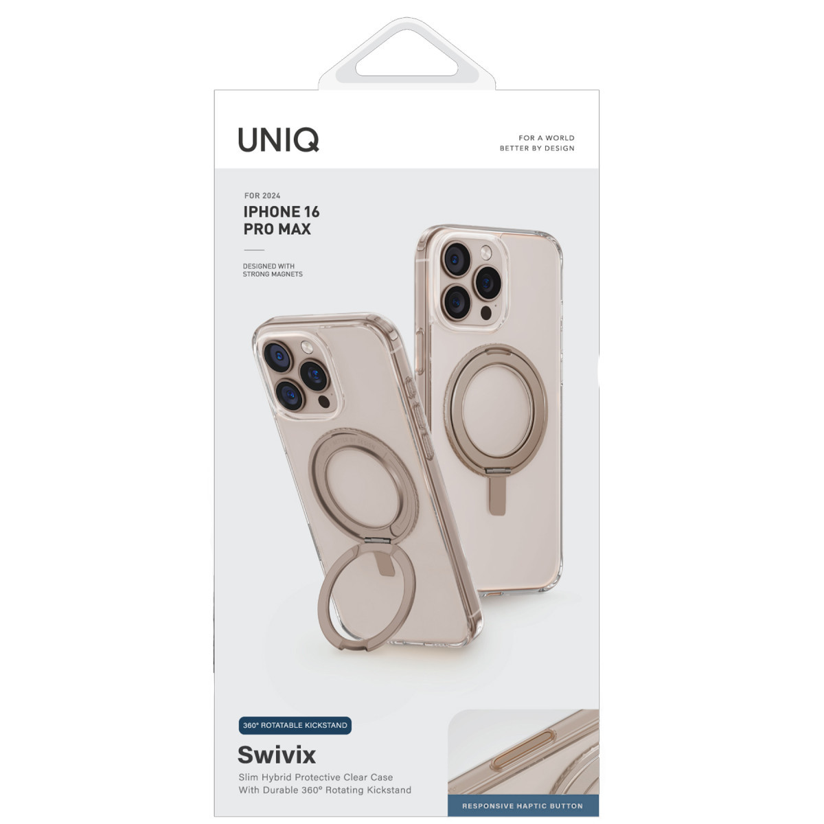 iPhone 16 Pro Max için dahili destek çubuğuna sahip Uniq Swivix şeffaf koruyucu kılıf ambalajı.