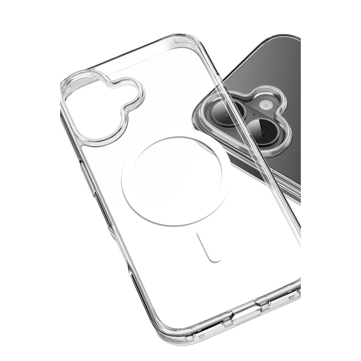 MagSafe halkalı şeffaf telefon kılıfı, çift kameralı koyu renkli bir telefonun yanında gösteriliyor.