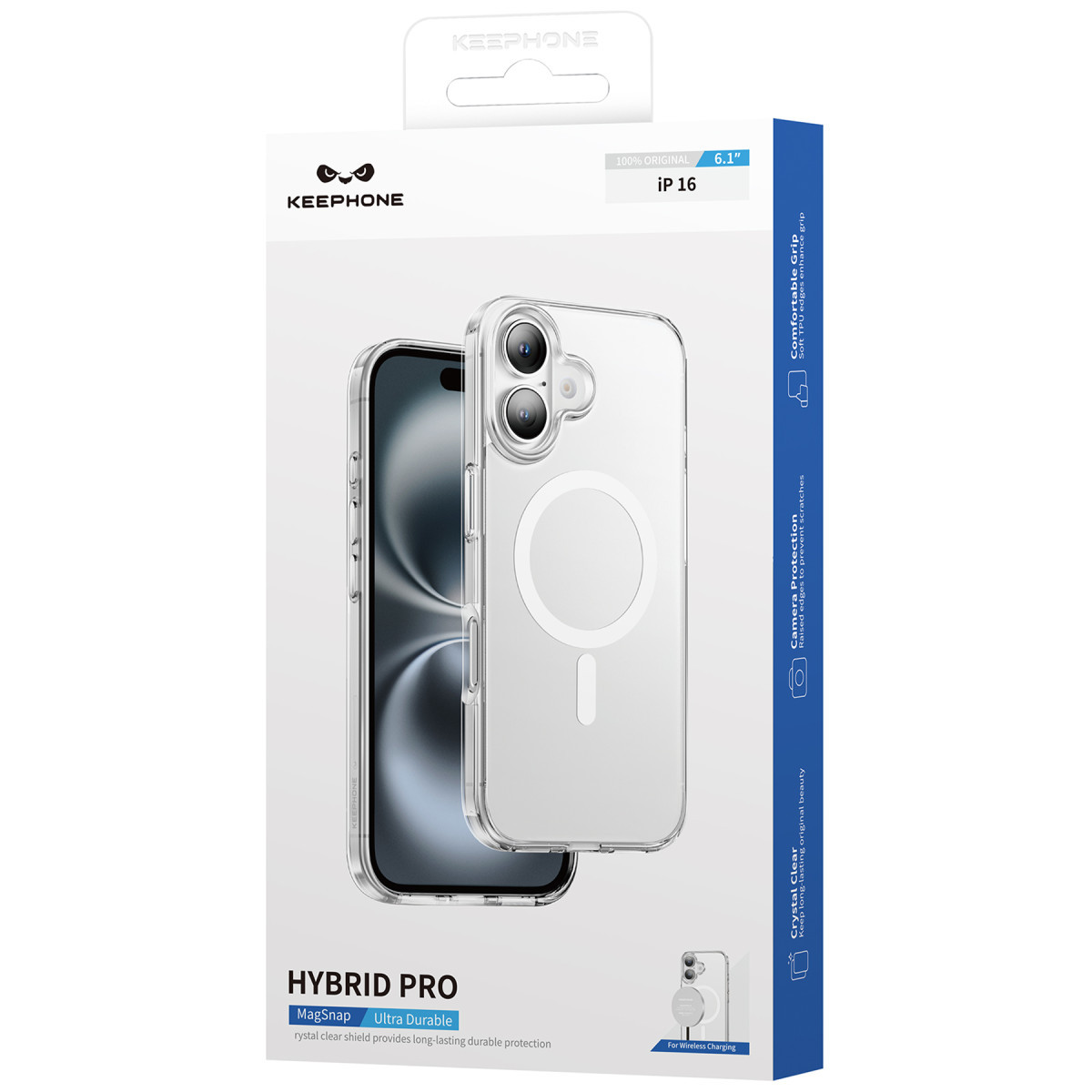 Beyaz arka planda KEEPHONE marka MagSnap teknolojili şeffaf iPhone 16 koruyucu kılıfın ambalajı.