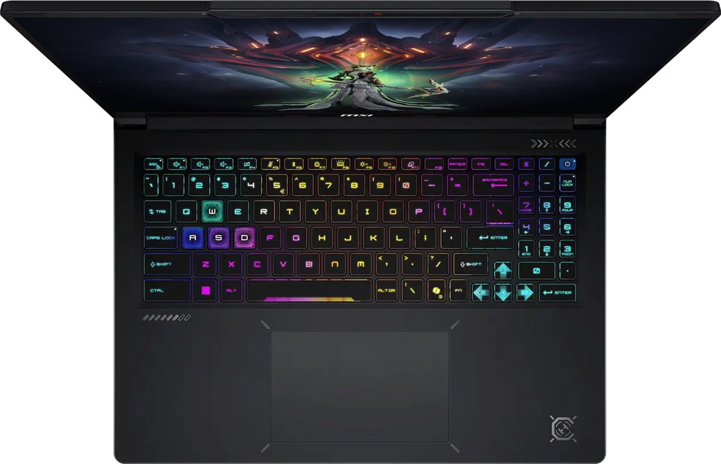 Üstten görünen siyah oyuncu dizüstü bilgisayarı, RGB aydınlatmalı klavye ve ekranda fantezi grafikler.