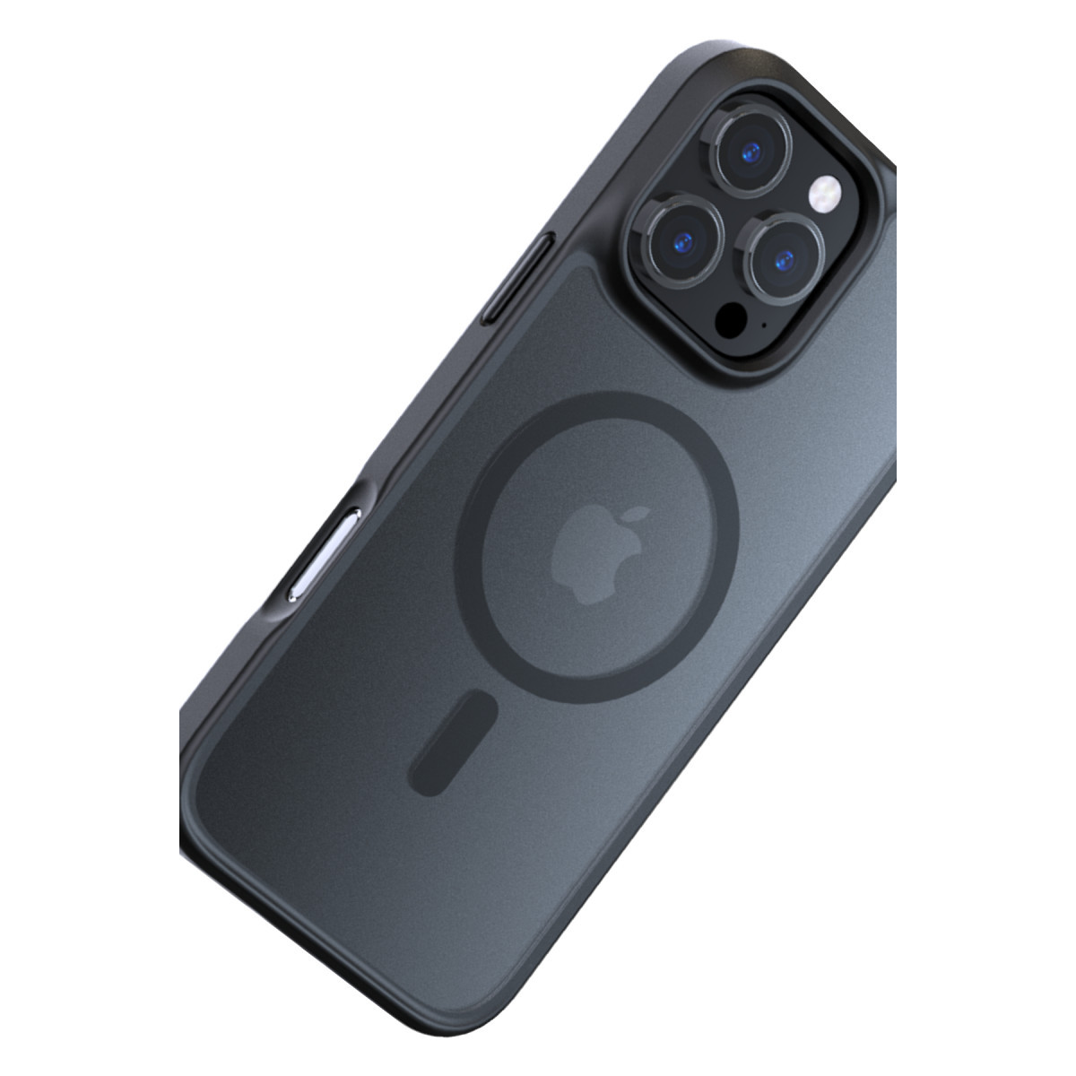 Koyu renkli kılıf, MagSafe halkası ve üçlü kameraya sahip akıllı telefon.