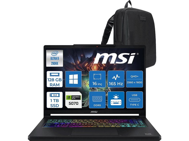 MSI Crosshair 16 Max HX ZW008TRP51 Intel Core Ultra 9 290HX 128 GB RAM 1 TB SSD 16 inç FreeDOS Laptop+Çanta Siyah