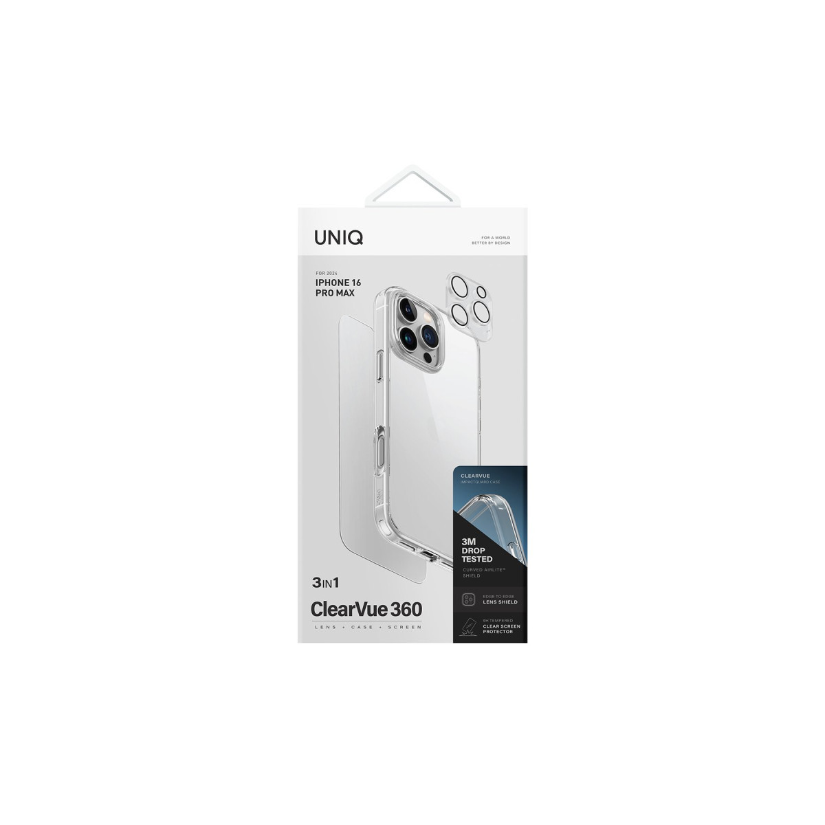 iPhone 16 Pro Max için UNIQ ClearVue 360 3ü 1 arada kılıf, lens koruyucu ve ekran koruyucu ürün kutusu.