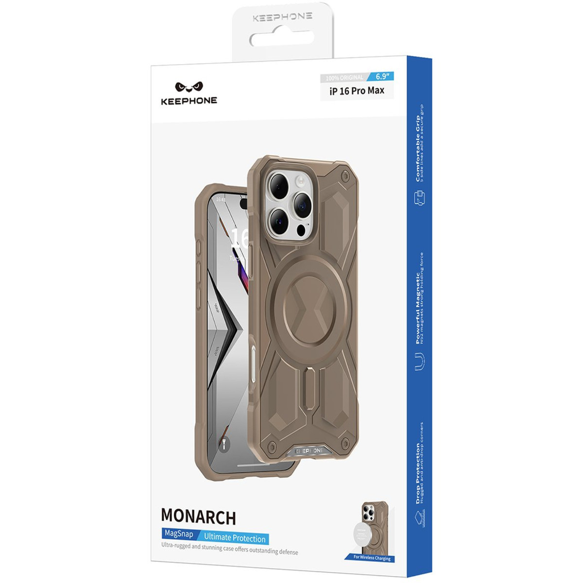 MagSafe özellikli iPhone 16 Pro Max için kahverengi KEEPHONE Monarch koruyucu kılıfın ambalajı.