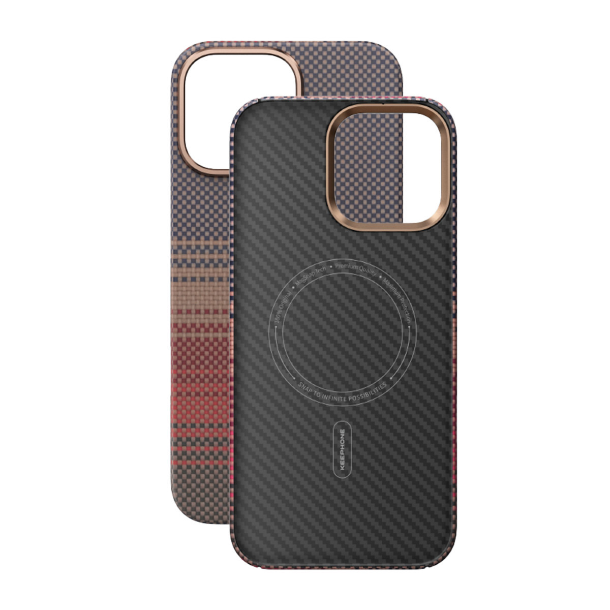 Karbon fiber ve dokuma desenli, dairesel manyetik halkalı ve kamera kesikli iki telefon kılıfı.