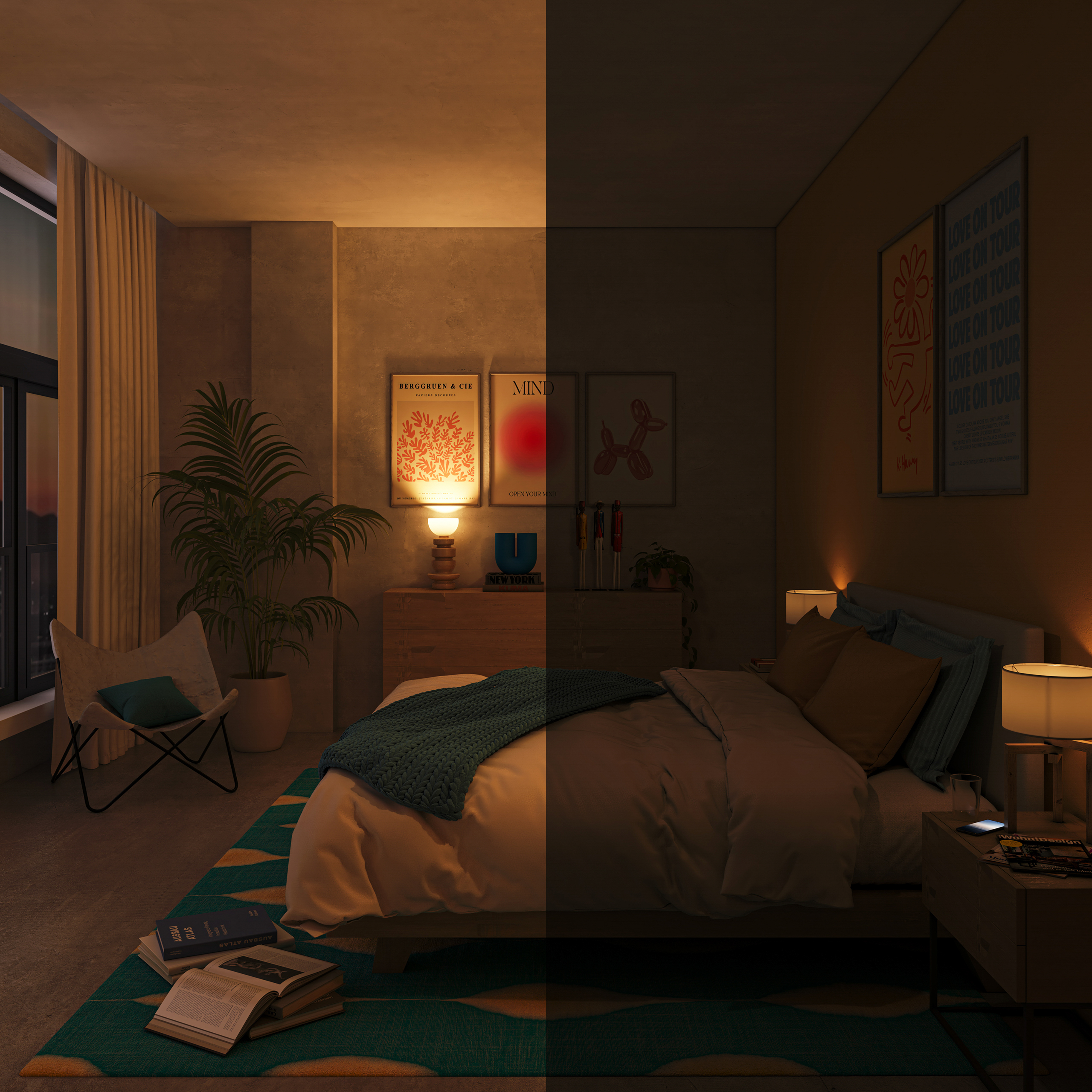 Vue partagée d'une chambre confortable, éclairage chaud à gauche et ambiance nocturne fraîche à droite.